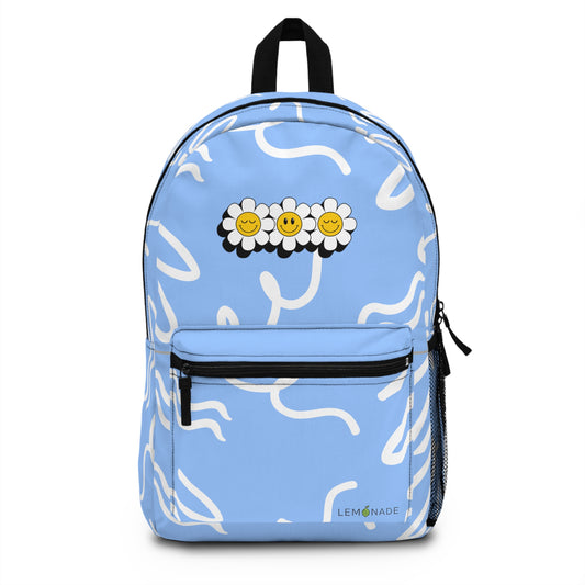 Blue Backpack with Sunflower Design.