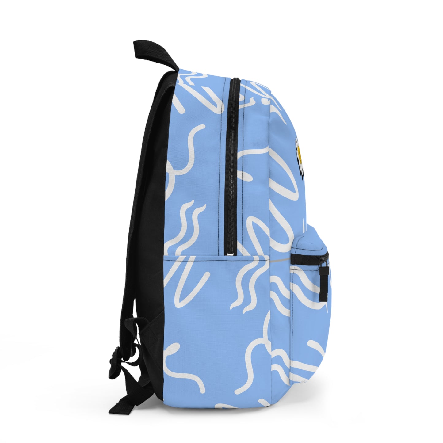Blue Backpack with Sunflower Design.