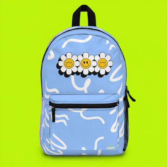 Blue Backpack with Sunflower Design.